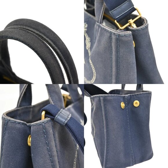 PRADA Logo Canapa 2Way Shoulder Hand Bag Canvas Leather Blue GHW 86KA843 - Picture 9 of 15